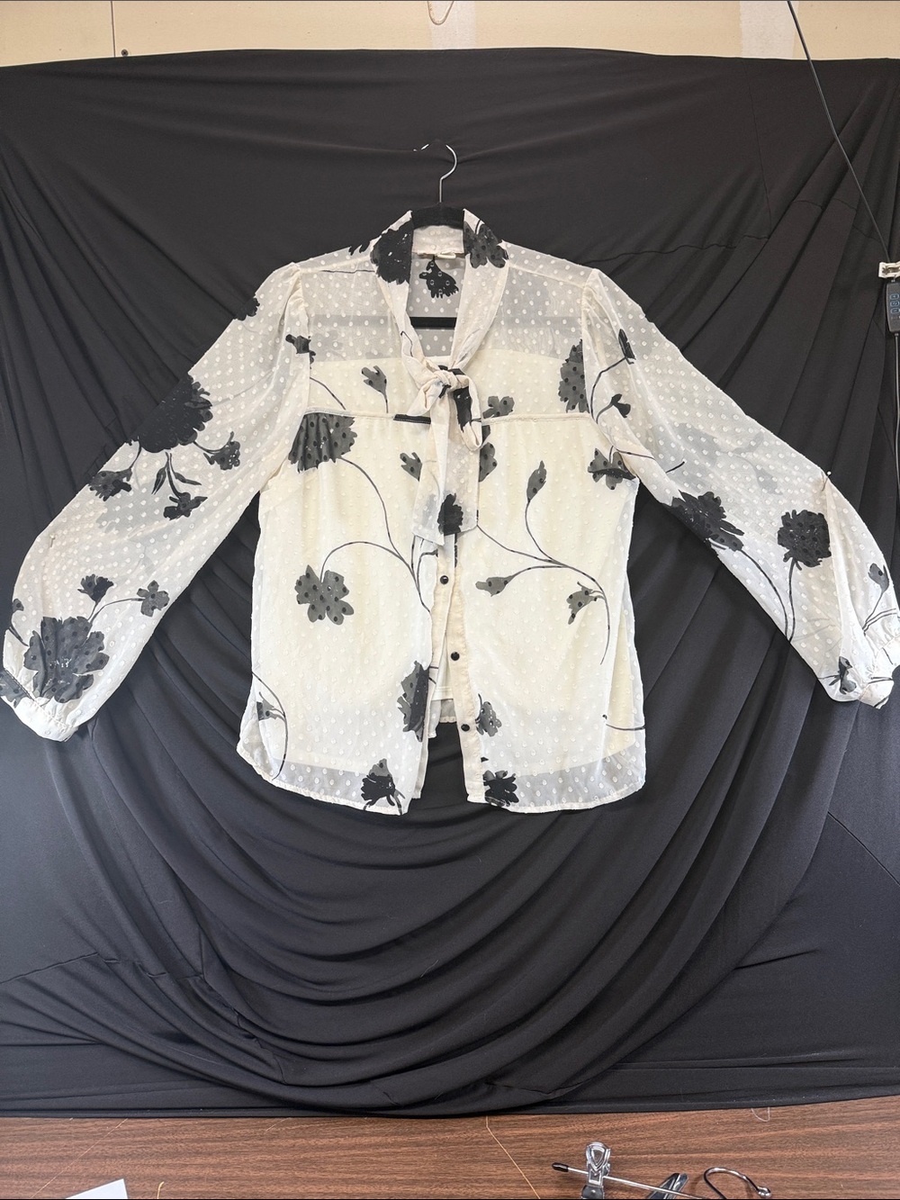 Sheer White Tie-Neck Blouse with Black Floral Print